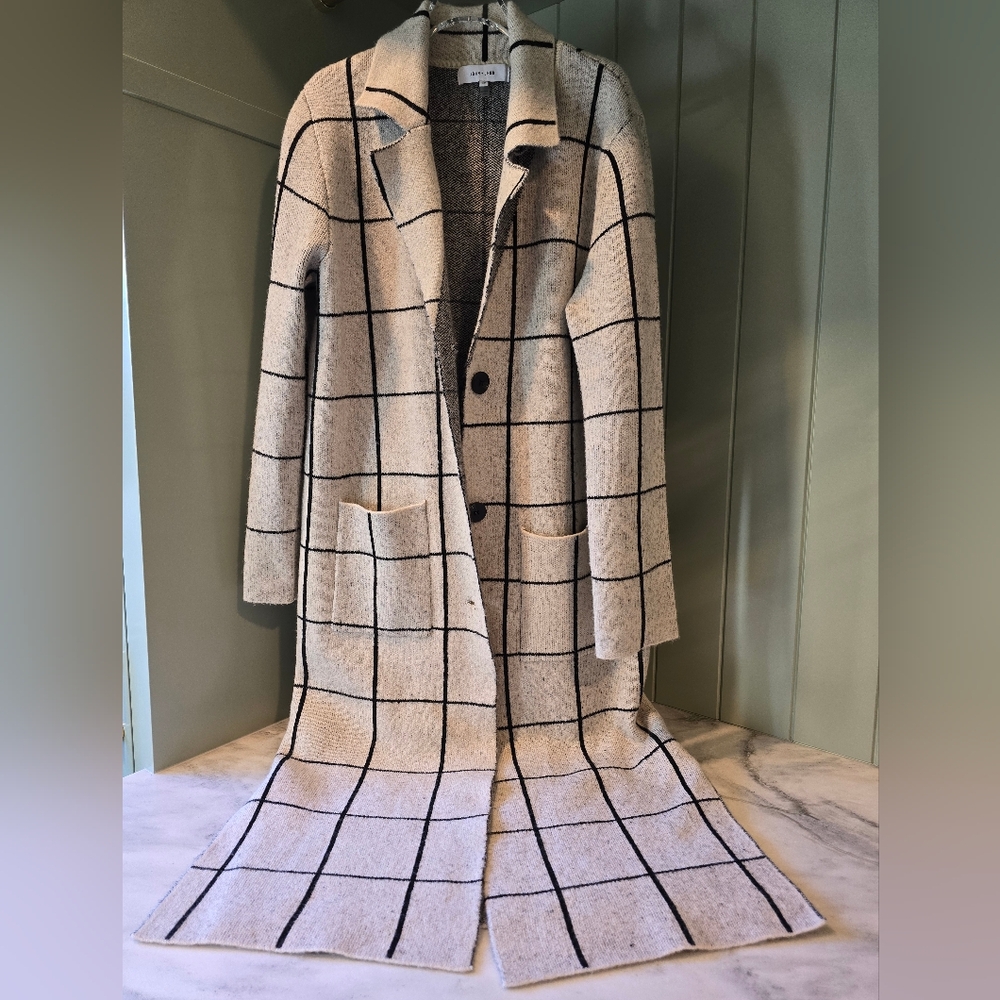 John + Jenn Black and Cream Grid Trench Coat